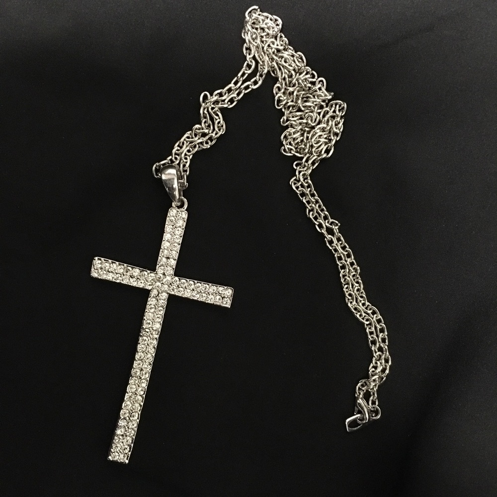 2 Silver plate pendants with rhinestones cross and a large key with necklace.